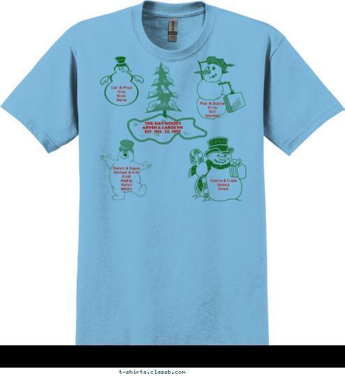 New Text Paul & Dianne
Emily
Tom
Spencer Carl & Priya
Nina
Kiran
Raina Charlie & Linda
Jessica
Nicole
 Marvin & Susan
Michael & Erin
Elliot
Hadley
Kailyn
Adelyn The Haywoods
Arvin & Carolyn
Est. Dec. 23, 1955 T-shirt Design 