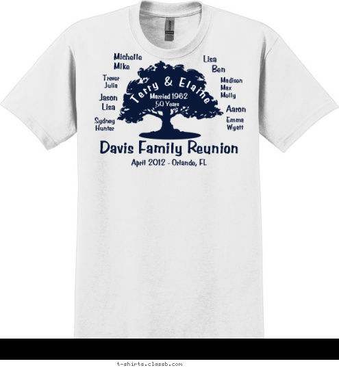 50 Years Ben Sydney
Hunter Jason
Lisa Emma
Wyatt Aaron
 Married 1962 Terry & Elaine April 2012 - Orlando, FL Davis Family Reunion DAVIS Michelle
Mike
 Trevor
Julia Lisa Madison
Max
Molly T-shirt Design 