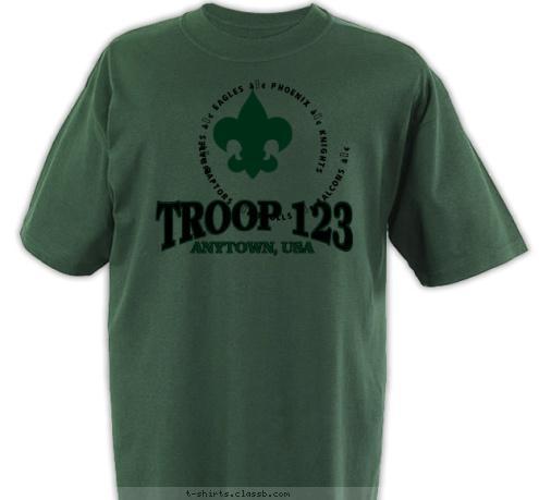 New Text • RAPTORS • TROLLS • FALCONS • PIRATES • EAGLES • PHOENIX • KNIGHTS  TROOP 123 ANYTOWN, USA T-shirt Design 