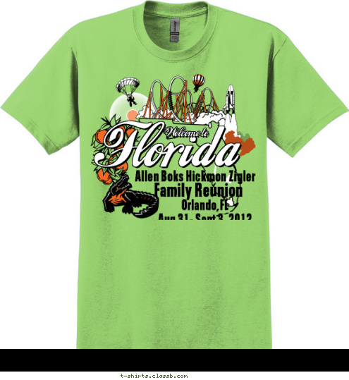 February 17-27, 2012  Orlando,FL
Aug 31- Sept 3, 2012 Allen Boks Hickmon Zigler Welcome to Family Reunion
 Florida Hosted by Boynton Beach T-shirt Design 