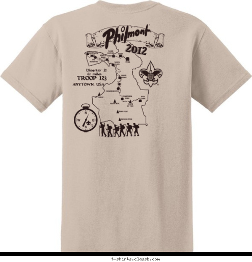 ANYTOWN, USA Itinerary 21 TROOP 123 2012 61 miles T-shirt Design 