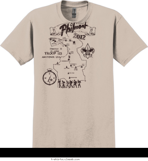 61 miles Itinerary 21 ANYTOWN, USA 2012 TROOP 123 T-shirt Design 