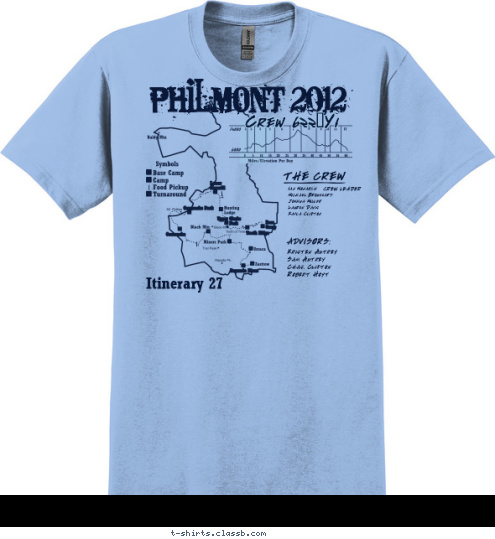 PHILMONT 2012 Crew 622-Y1 THE CREW Ian Monarch
Michael Broussard
Joshua Miller
Lauren Davis
Kayla Clifton CREW LEADER ADVISORS: Kristen Autrey
Sam Autrey
Chas. Clifton
Robert Hoyt Itinerary 27 T-shirt Design 