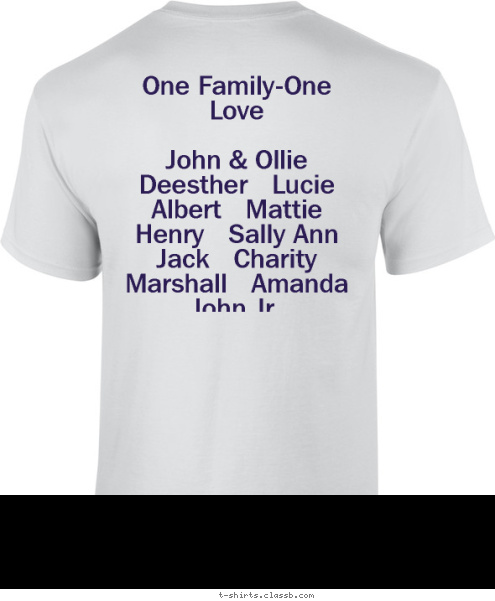 One Family-One Love

John & Ollie
Deesther   Lucie
Albert   Mattie
Henry   Sally Ann
Jack   Charity
Marshall   Amanda
John Jr. July 6-8, 2012 July 6-8, 2012 M John & Ollie Miller M T-shirt Design 