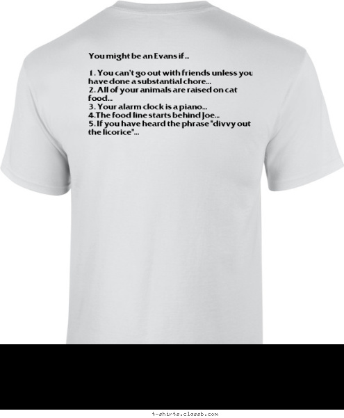 You might be an Evans if...

1. You can't go out with friends unless you have done a substantial chore...
2. All of your animals are raised on cat food...
3. Your alarm clock is a piano...
4.The food line starts behind Joe...
5. If you have heard the phrase 