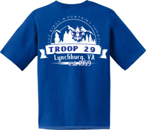 Lynchburg, VA TROOP 29  Peakland United Methodist Church   BLUE RIDGE MOUNTAINS COUNCIL  est. 1959 Lynchburg, VA T-shirt Design 