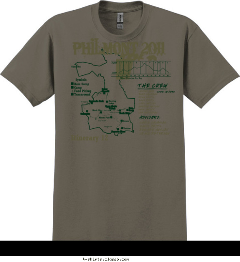 PHILMONT 2011 TREK 712 THE CREW LONDON BOB,
DUKE COLEMAN
RYAN FRITZ
DAVE FRITZ
CARL MOTLEY
GEORGE MOTLEY
KOLE NEVITT
LEE PETERSON CREW LEADER ADVISORS: CHRIS COLEMAN
DAVID FRITZ
EDWARD MOTLEY 
CRAIG PETERSON Itinerary 12 T-shirt Design 