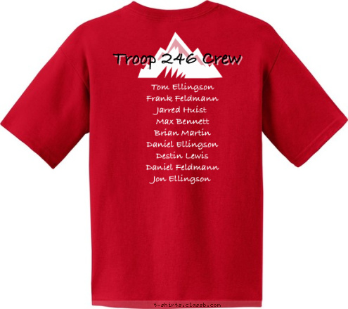 Troop 246 Crew Tom Ellingson
Frank Feldmann
Jarred Huist
Max Bennett
Brian Martin
Daniel Ellingson
Destin Lewis
Daniel Feldmann
Jon Ellingson 2012 Northern Tier T-shirt Design T246 Northern Tier - Red