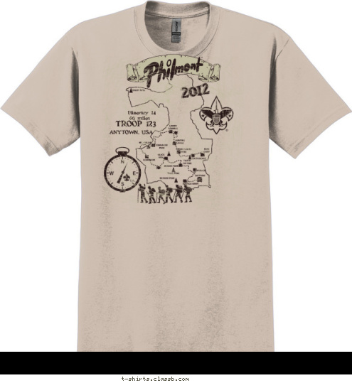 2012 ANYTOWN, USA TROOP 123 60 miles Itinerary 14 T-shirt Design 