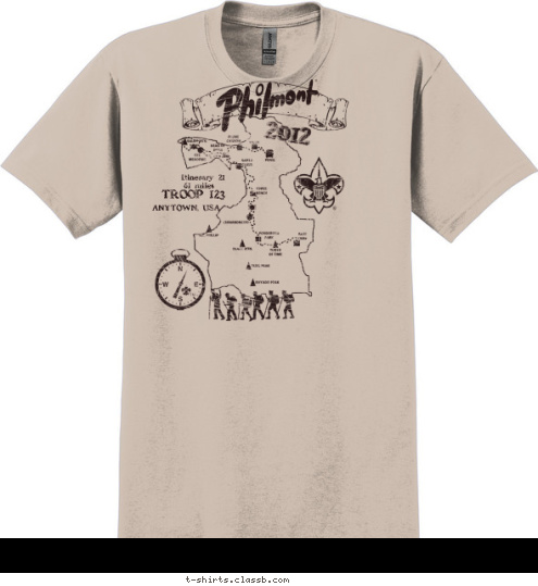 61 miles Itinerary 21 ANYTOWN, USA 2012 TROOP 123 T-shirt Design 