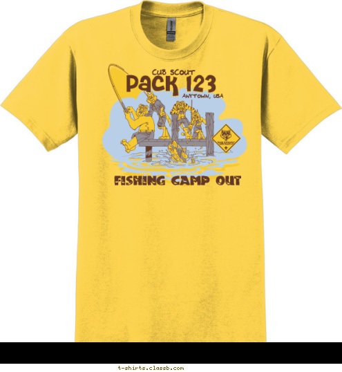 Pack 123 ANYTOWN, USA FISHING CAMP OUT CUB SCOUT T-shirt Design 