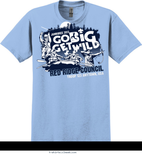 New Text JAMBOREE 2013 RED RIDGE COUNCIL TROOP 123 ANYTOWN, USA T-shirt Design SP4230