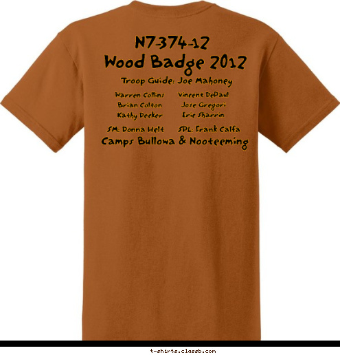 SPL: Frank Calfa SM: Donna Helt Camps Bullowa & Nooteeming Vincent DePaul
Jose Gregori
Eric Sharrin Warren Collins
Brian Colton
Kathy Decker Wood Badge 2012 Troop Guide: Joe Mahoney N7-374-12 Bob Bob Bob The Mighty Bobwhites Bob-Bob-A-White! T-shirt Design 