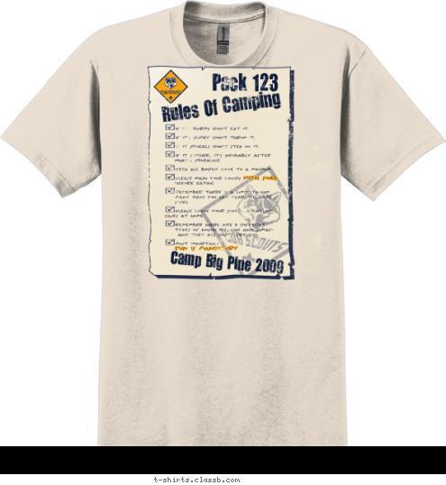 Camp Big Pine 2009 Rules Of Camping Pack 123 T-shirt Design 