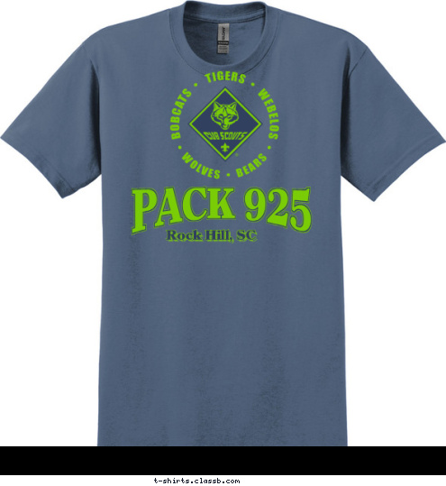 Jan: Pinewood Derby
Feb: Blue&Gold Banquet
Mar: Weekend outing
April: Camping Trip
May: Camping Trip
June: Camping Trip
July: Family Picnic
Aug: Camping Trip
Sept: Camping Trip
Oct: Gold Rush
Nov: Council Event
Dec: JTB/Church Event PACK 925 Rock Hill, SC T-shirt Design 