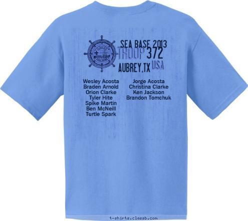 ANYTOWN, USA BOAT NAME 123 BAHAMAS Adventure SEA BASE 2013 Adventure USA BAHAMAS 372 AUBREY,TX  Jorge Acosta 
Christina Clarke 
Ken Jackson
Brandon Tomchuk  Wesley Acosta  
Braden Arnold   
Orion Clarke  
Tyler Hite   
Spike Martin   
Ben McNeill
Turtle Spark 
 TROOP T-shirt Design 