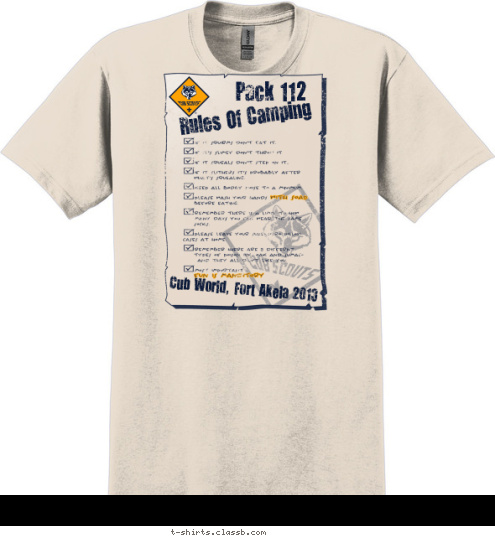 Cub World, Fort Akela 2013 Rules Of Camping Pack 112 T-shirt Design 