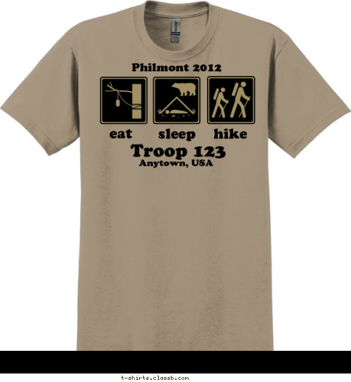 New Text hike sleep eat Philmont 2012 Anytown, USA Troop 123 T-shirt Design 