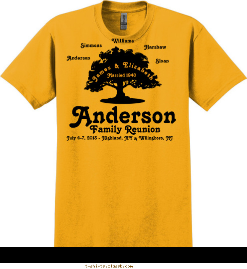 Sloan Married 1940 Harshaw Williams Simmons Anderson Name Name Name James & Elizabeth July 4-7, 2013 - Highland, NY & Wilingboro, NJ Family Reunion Anderson T-shirt Design 