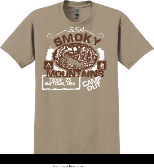 OUT CAMP TROOP 123
Anytown, USA MOUNTAINS SMOKY BSA T-shirt Design 