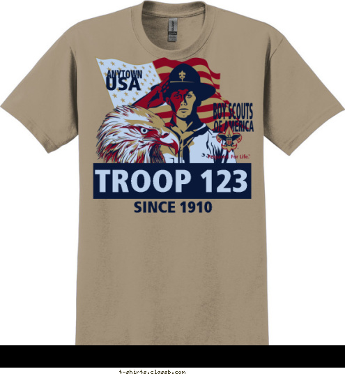 SINCE 1910 BOY SCOUTS OF AMERICA USA ANYTOWN TROOP 123 T-shirt Design 