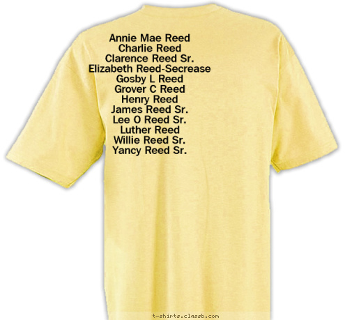 Annie Mae Reed
Charlie Reed
 Clarence Reed Sr.
   Elizabeth Reed-Secrease
Gosby L Reed
Grover C Reed
Henry Reed
James Reed Sr.
 Lee O Reed Sr.
Luther Reed
Willie Reed Sr.
Yancy Reed Sr.


 MONROE,LOUISIANA JULY 2013 FAMILY REUNION WILLIS -n- REBECCA REED T-shirt Design 