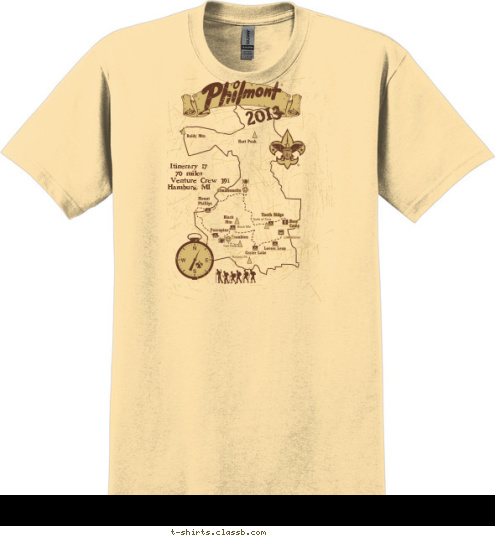 Hamburg, MI Venture Crew 391 Itinerary 17
70 miles 2013 T-shirt Design Philmont Crew 727-P  Gold, Brown