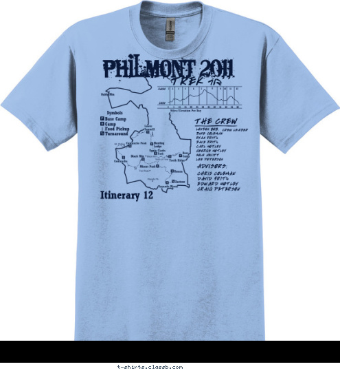 PHILMONT 2011 TREK 712 THE CREW LONDON BOB,
DUKE COLEMAN
RYAN FRITZ
DAVE FRITZ
CARL MOTLEY
GEORGE MOTLEY
KOLE NEVITT
LEE PETERSON CREW LEADER ADVISORS: CHRIS COLEMAN
DAVID FRITZ
EDWARD MOTLEY 
CRAIG PETERSON Itinerary 12 T-shirt Design 