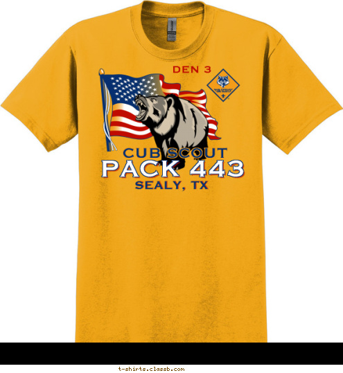 DEN 3 PACK 443 SEALY, TX CUB SCOUT T-shirt Design Bear Flag