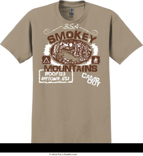 OUT CAMP TROOP 123
Anytown, USA MOUNTAINS SMOKEY BSA T-shirt Design 