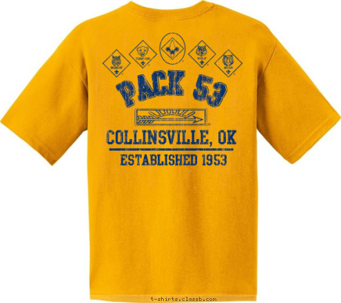 Leader  COLLINSVILLE,  OK 53 CUB SCOUT PACK 53 COLLINSVILLE, OK ESTABLISHED 1953 T-shirt Design Gold Pocket and AOL Back