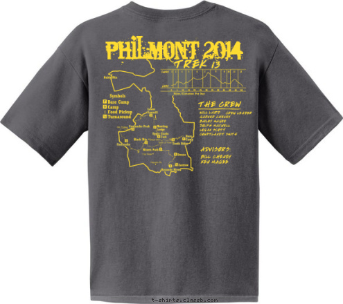 Council PHILMONT 2014 TREK 13 THE CREW 611. T. 01 WILL LAIRD
GARNER CHENEY
BAILEY MAGEE
DOLPH MAXWELL
LOGAN SCOTT
COURTLANDT SMITH

 CREW LEADER ADVISORS: BILL CHENEY
KEN MAGEE Itinerary 13 Crew 1 T-shirt Design 