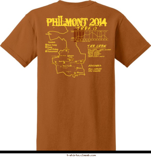 PHILMONT 2014 TREK 13 THE CREW 611. T. 01 WILL LAIRD
GARNER CHENEY
BAILEY MAGEE
DOLPH MAXWELL
LOGAN SCOTT
COURTLANDT SMITH

 CREW LEADER ADVISORS: BILL CHENEY
KEN MAGEE Itinerary 13 Crew 1 T-shirt Design 