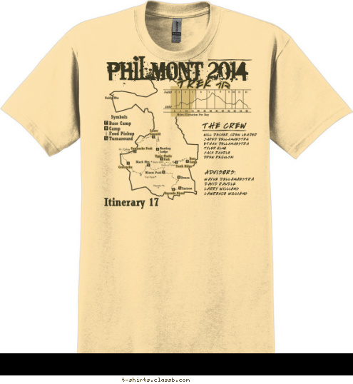 PHILMONT 2014 TREK 712 THE CREW WILL DECKER,
JARED DELLAMAESTRA
ETHAN DELLAMAESTRA
TYLER OLMO
JACK RANDLE
DREW REGULSKI CREW LEADER ADVISORS: WAYNE DELLAMAESTRA
DAVID RANDLE
LARRY WILLIAMS 
LAWRENCE WILLIAMS Itinerary 17 T-shirt Design 