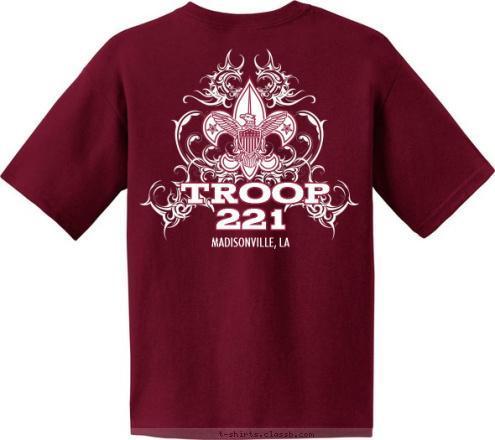 New Text TROOP 221 221 MADISONVILLE, LA MADISONVILLE, LA TROOP TWO TWO ONE T-shirt Design 