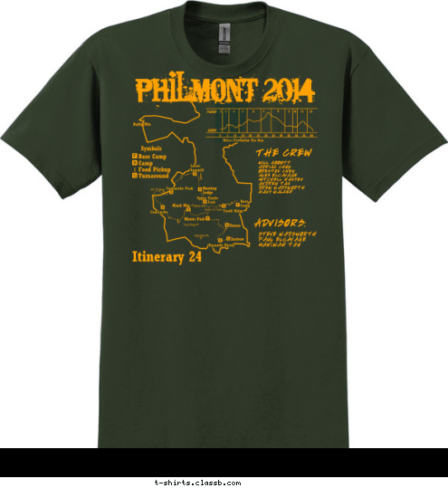 CREW LEADER TREK 618-107 PHILMONT 2014 THE CREW WILL ABBOTT
ADRIAN CHOU
BRENTON CHOU
ALEK ELCAVAGE
MITCHELL HANSEN
ANDREW TAN
DREW WADSWORTH
HANS WALKER ADVISORS: STEVE WADSWORTH
PAUL ELCAVAGE
MAN-WAH TAN Itinerary 24 T-shirt Design T109 Philmont Draft #1