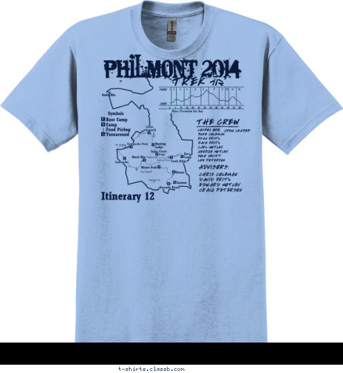 PHILMONT 2014 TREK 712 THE CREW LONDON BOB,
DUKE COLEMAN
RYAN FRITZ
DAVE FRITZ
CARL MOTLEY
GEORGE MOTLEY
KOLE NEVITT
LEE PETERSON CREW LEADER ADVISORS: CHRIS COLEMAN
DAVID FRITZ
EDWARD MOTLEY 
CRAIG PETERSON Itinerary 12 T-shirt Design 