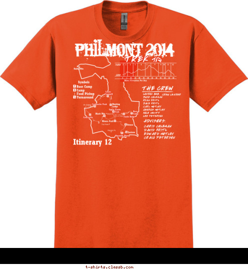 PHILMONT 2014 TREK 712 THE CREW LONDON BOB,
DUKE COLEMAN
RYAN FRITZ
DAVE FRITZ
CARL MOTLEY
GEORGE MOTLEY
KOLE NEVITT
LEE PETERSON CREW LEADER ADVISORS: CHRIS COLEMAN
DAVID FRITZ
EDWARD MOTLEY 
CRAIG PETERSON Itinerary 12 T-shirt Design 