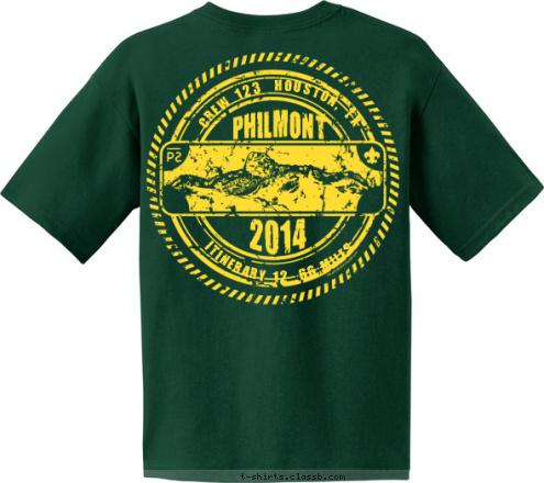 ITINERARY 12  66 MILES C R E W  1 2 3 CREW 123  HOUSTON, TX 2014 PHILMONT T-shirt Design 