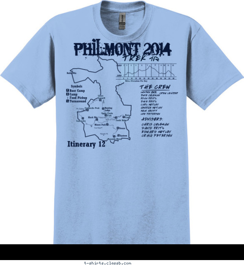 PHILMONT 2014 TREK 712 THE CREW LONDON BOB,
DUKE COLEMAN
RYAN FRITZ
DAVE FRITZ
CARL MOTLEY
GEORGE MOTLEY
KOLE NEVITT
LEE PETERSON CREW LEADER ADVISORS: CHRIS COLEMAN
DAVID FRITZ
EDWARD MOTLEY 
CRAIG PETERSON Itinerary 12 T-shirt Design 