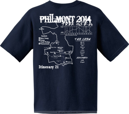 CREW LEADER TROOP 321 - - PHILMONT 2014 TREK 723 E 02 THE CREW Ben E.
Ben M.
Cory
Duncan
JD
Lance
Nathan
Scott
Zoji ADVISORS: Lee
Dave Itinerary 21 T-shirt Design 