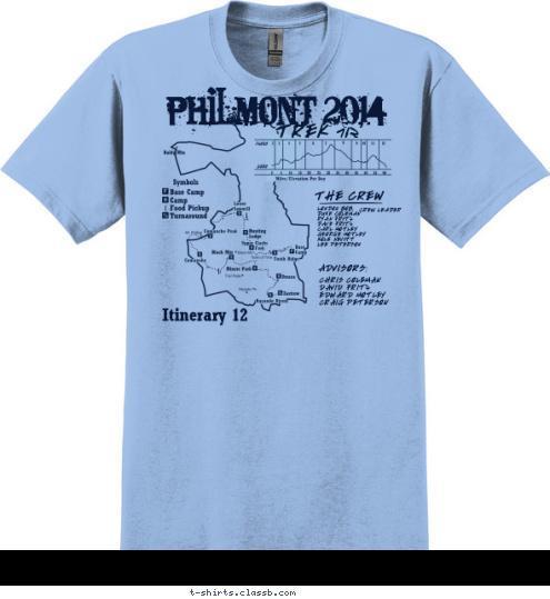 PHILMONT 2014 TREK 712 THE CREW LONDON BOB,
DUKE COLEMAN
RYAN FRITZ
DAVE FRITZ
CARL MOTLEY
GEORGE MOTLEY
KOLE NEVITT
LEE PETERSON CREW LEADER ADVISORS: CHRIS COLEMAN
DAVID FRITZ
EDWARD MOTLEY 
CRAIG PETERSON Itinerary 12 T-shirt Design 