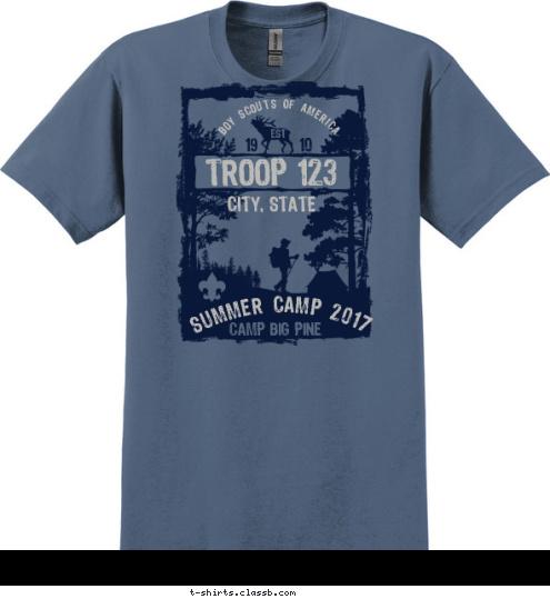 Your text here! CITY, STATE CAMP BIG PINE SUMMER CAMP 2017
 19        10 EST BOY SCOUTS OF AMERICA TROOP 123 T-shirt Design SP5249