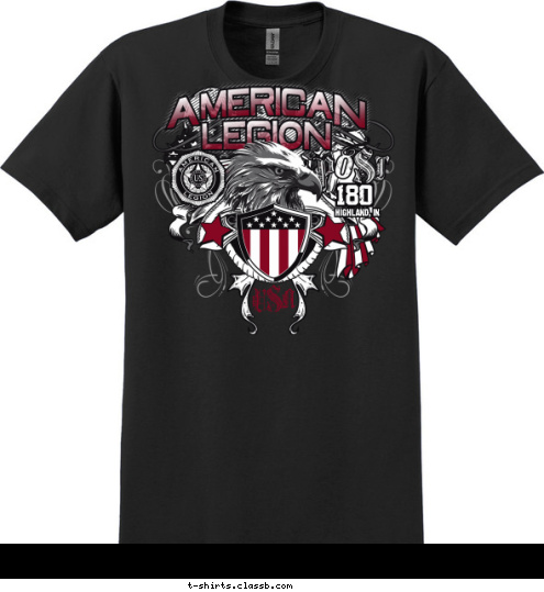 AMERICAN LEGION
 POST 1234
 HIGHLAND, IN 180 USA T-shirt Design 