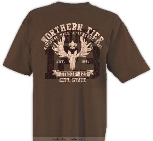 EST.       1910 EST.       1941 NATIONAL HIGN ADVENTURE BASE CITY, STATE TROOP 123 NORTHERN TIER TROOP 123 T-shirt Design SP5316