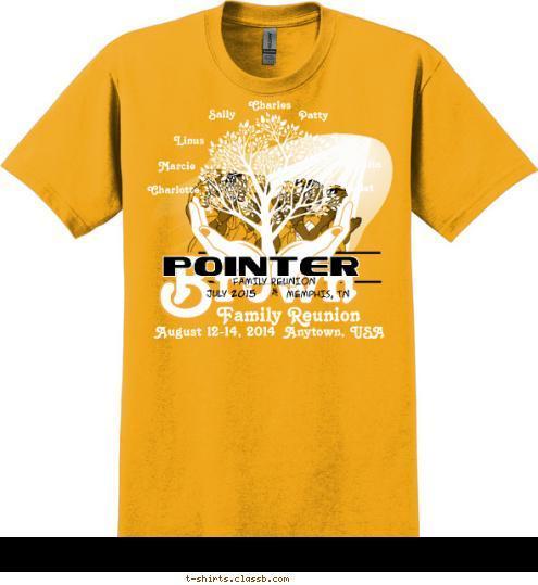 New Text New Text Linus Marcie Charlotte MEMPHIS, TN FAMILY REUNION JULY 2015 POINTER Sally Violet Franklin Lucy Patty Charles Family Reunion Brown August 12-14, 2014  Anytown, USA T-shirt Design 