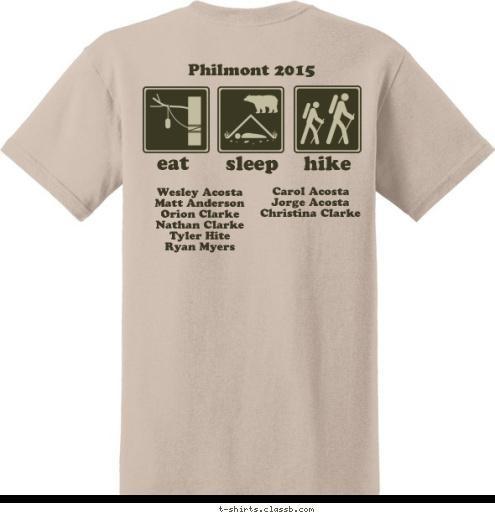 Troop 746
Fullerton, MD Aubrey, Texas  75 Wesley Acosta
Matt Anderson 
Orion Clarke
Nathan Clarke
Tyler Hite 
Ryan Myers
 
 Philmont 2015 eat sleep 75 hike Carol Acosta
Jorge Acosta
Christina Clarke 
 
 2015    XXX-X Crew 372 Aubrey, TX T-shirt Design 